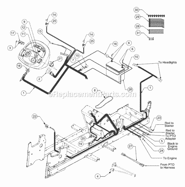Battery, Electrical Components And Switches Diagram and Parts List for LT2138 13A-214F710 Cub Cadet Lawn Tractor